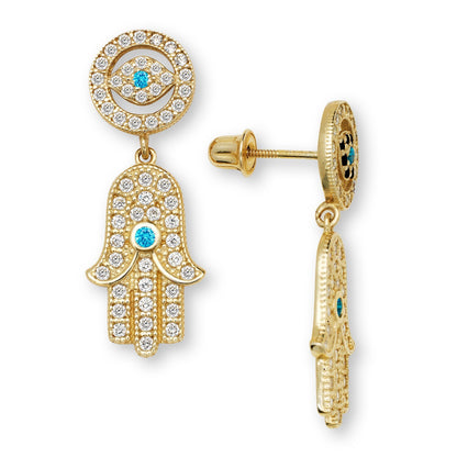 14K Yellow & White Gold Unique Evil Eye Hamsa Hand Dangle Earrings for Women