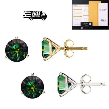 14KGold GRACertifiedD-VVS1 Rainbow Green Moissanite Push Back Stud Earrings