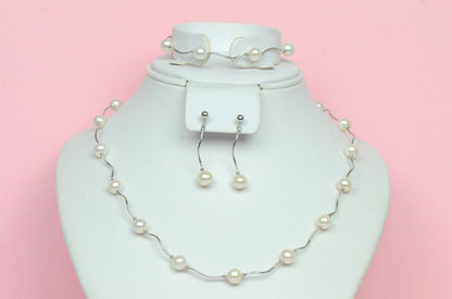 14k White Gold Beautiful Genuine White Pearls Set: Necklace, Bracelet, Earrings