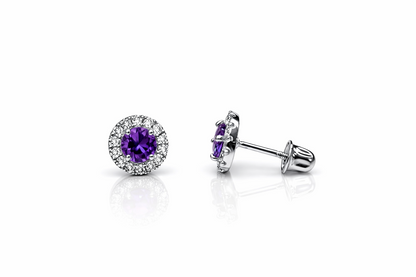 14k White Gold Halo Stud Earrings with Screw  Back