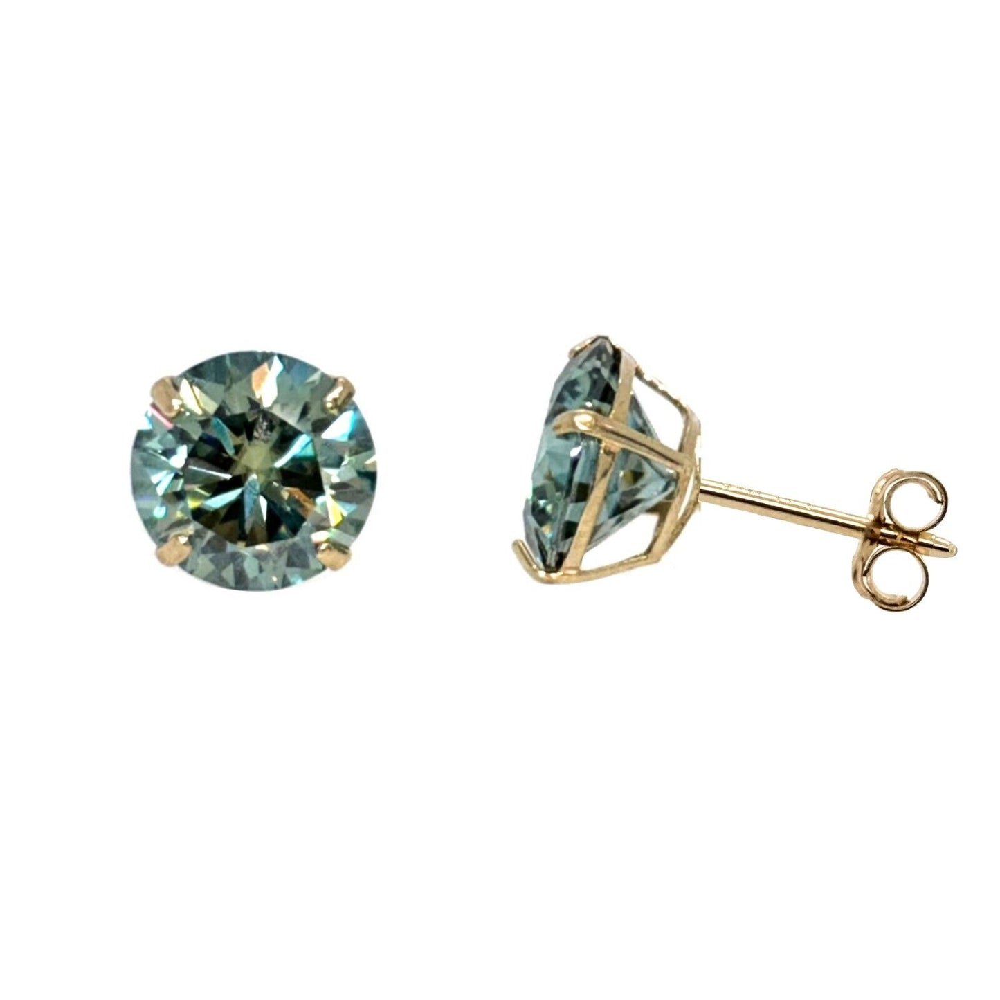 14K Gold GRA Certified D-VVS1 Round Green Moissanite Push Back Studs Earrings