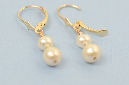 14k Yellow Gold Natural genuine White Pearls Necklace,Bracelet,Earrings 3pcs Set