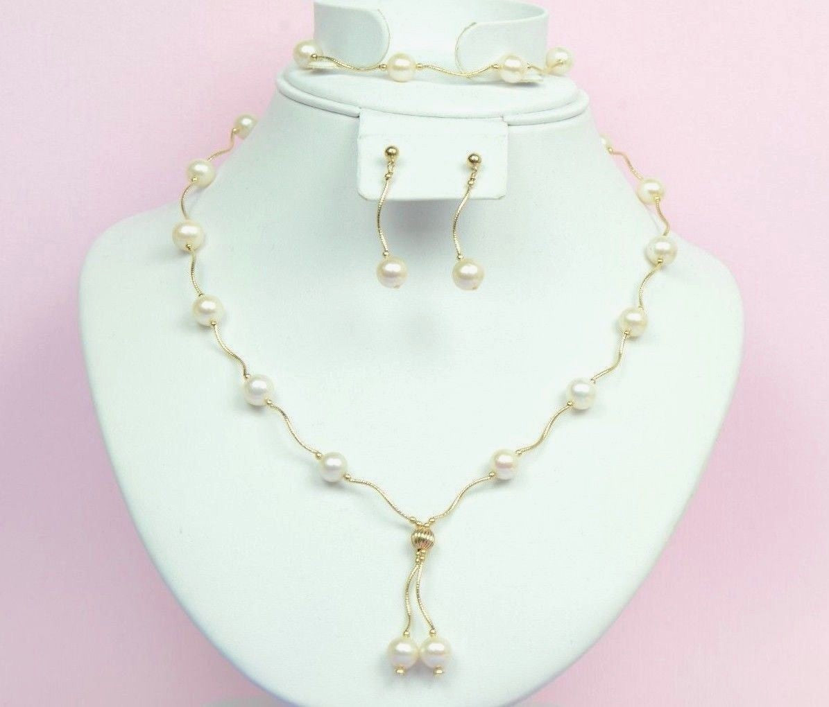 14k Yellow Gold Natural White Pearls 3pcs Women Set:Necklace, Bracelet, Earrings