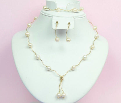 14k Yellow Gold Natural White Pearls 3pcs Women Set:Necklace, Bracelet, Earrings