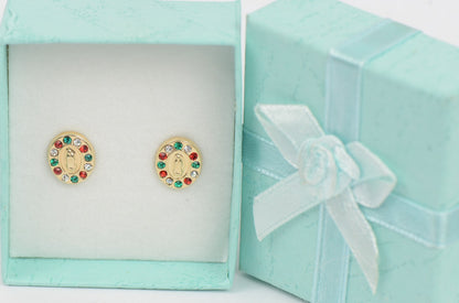 Solid 14K Yellow Gold Guadalupe Virgin Mary Screw Back Multi-color Stud Earrings
