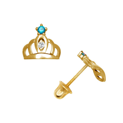 14K Yellow & White Gold Beautiful CZ Crown Stud Earrings for Women
