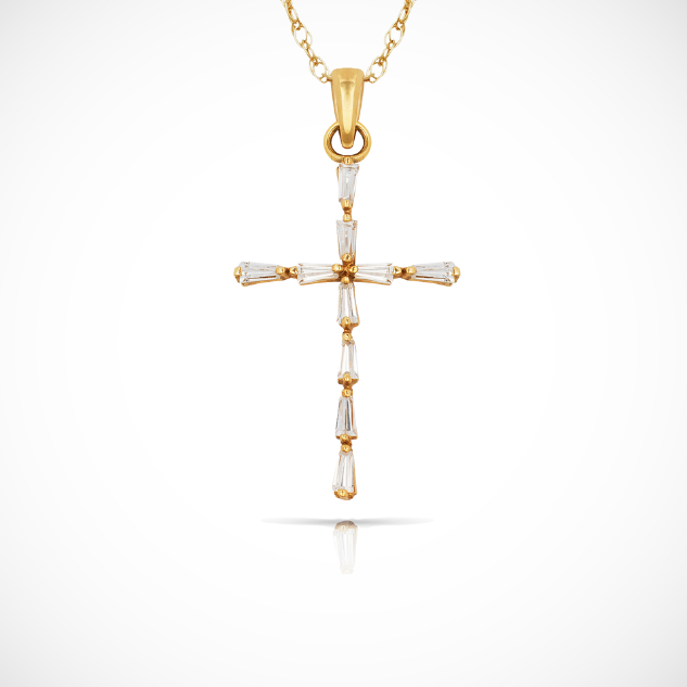 14k Yellow & White Gold Baguette Cubic Zirconia Cross Pendant For Women