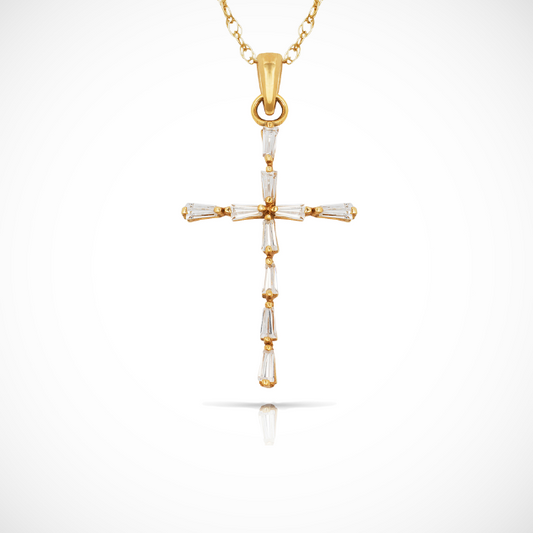 14k Yellow & White Gold Baguette Cubic Zirconia Cross Pendant For Women