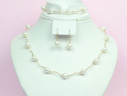 14k Yellow Gold Natural White Pearls Necklace, Bracelet, Earrings 3pcs Women Set