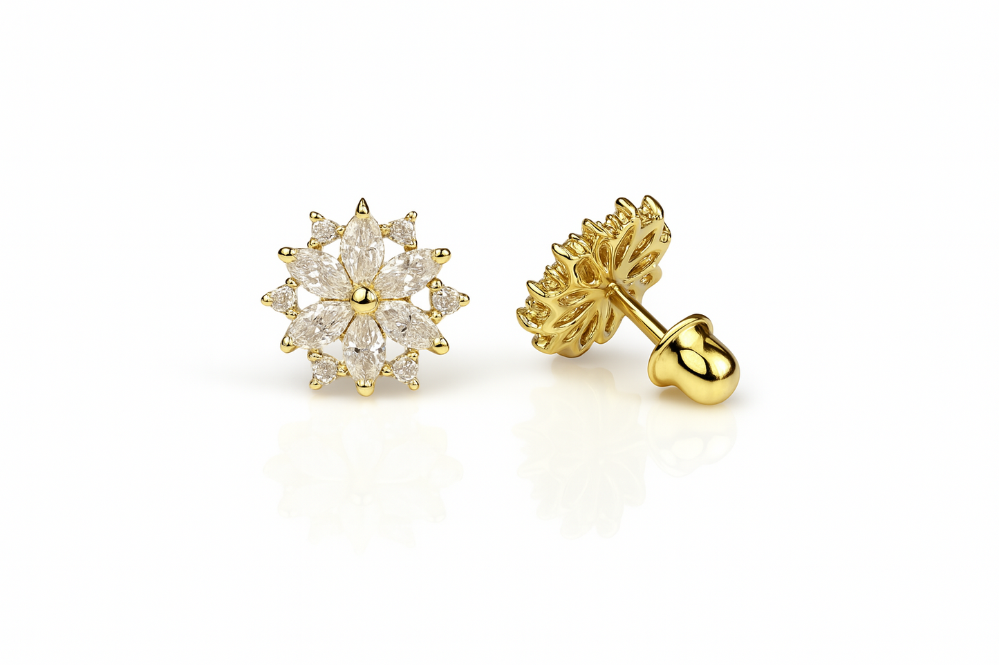 14K  Yellow Gold Beautiful CZ Flower Stud Earrings for Women