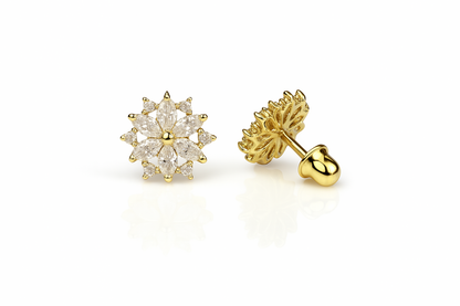 14K  Yellow Gold Beautiful CZ Flower Stud Earrings for Women