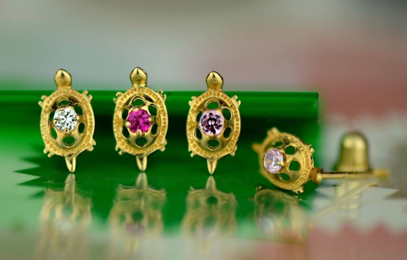 14k Yellow Gold Turtle CZ Stud Earrings Screw Back