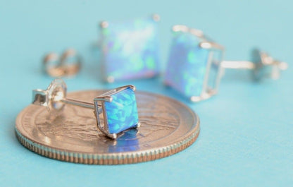 925 Sterling Silver Square Opal stud Earrings