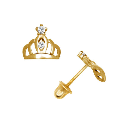 14K Yellow & White Gold Beautiful CZ Crown Stud Earrings for Women