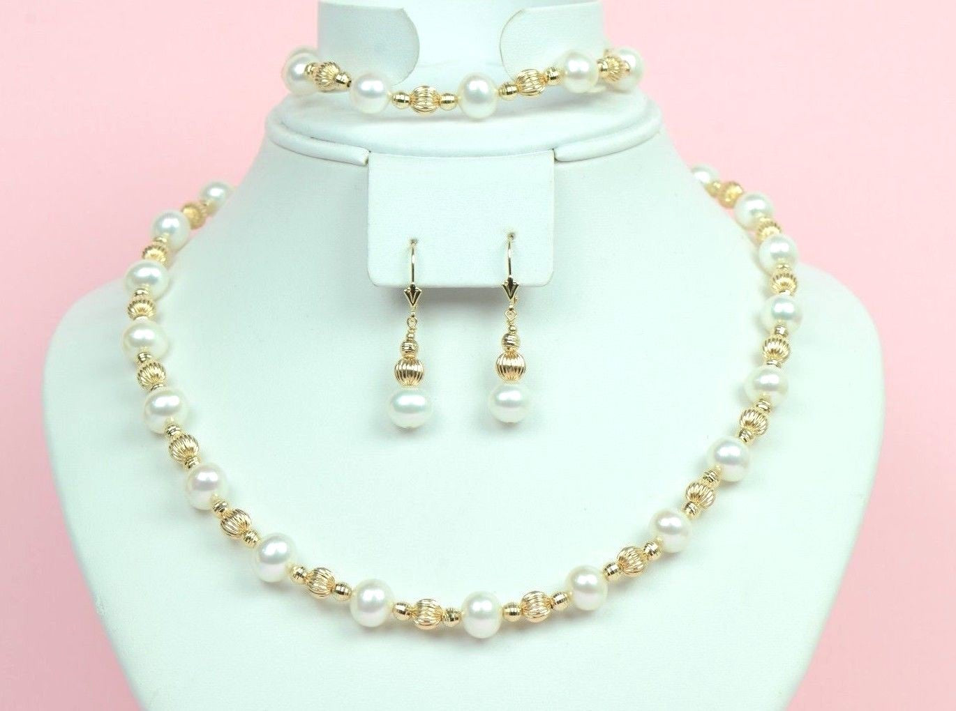 14k Yellow Gold Genuine White Pearls3pcs Set: Necklace,Bracelet,Earrings