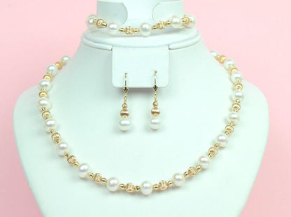 14k Yellow Gold Genuine White Pearls3pcs Set: Necklace,Bracelet,Earrings