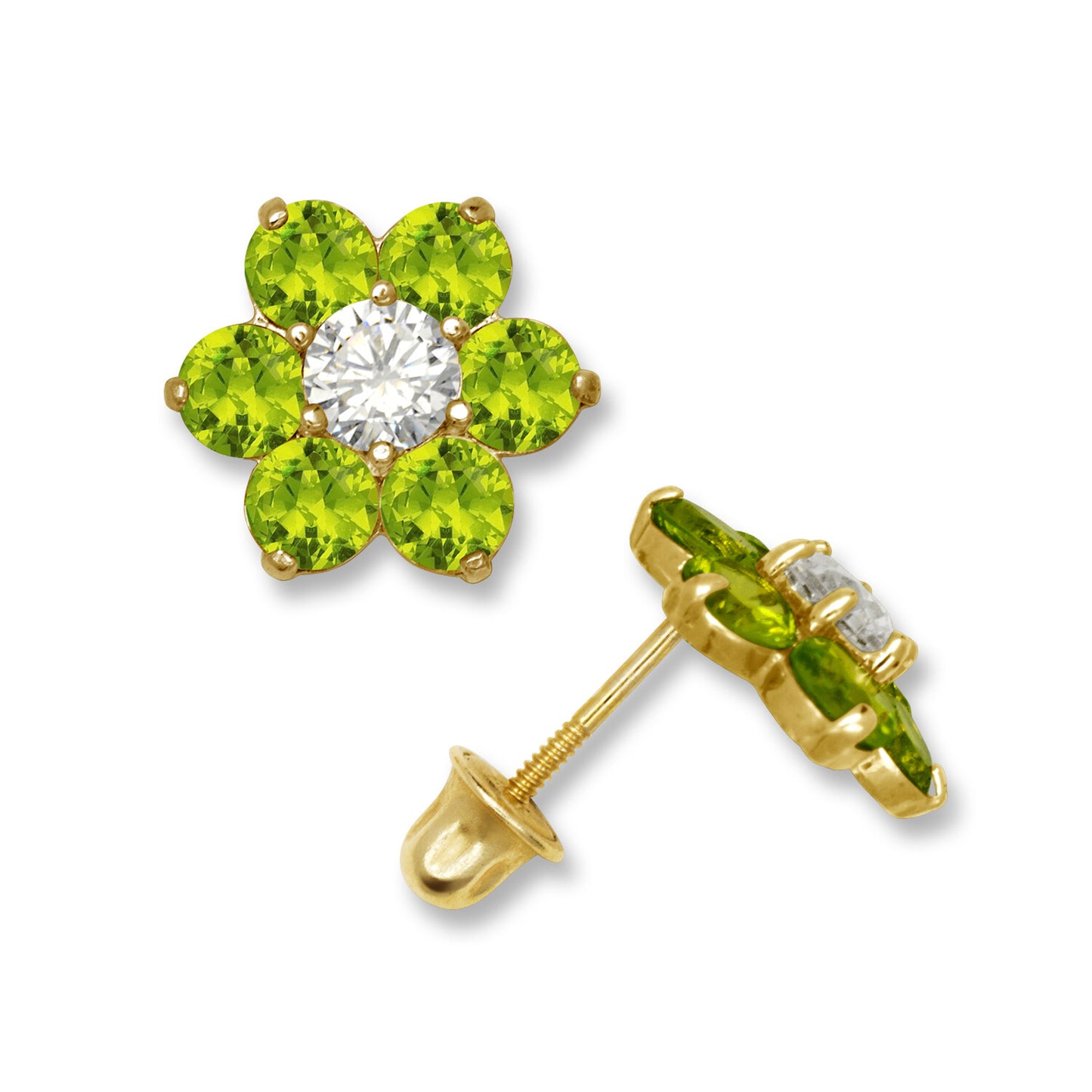 14k Yellow Gold CZ Flower Birthstone Stud Screw Back Earrings