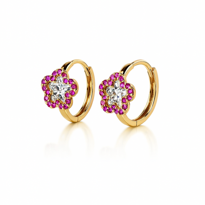 14k Yellow Gold Flower Huggie Ruby CZ Earrings