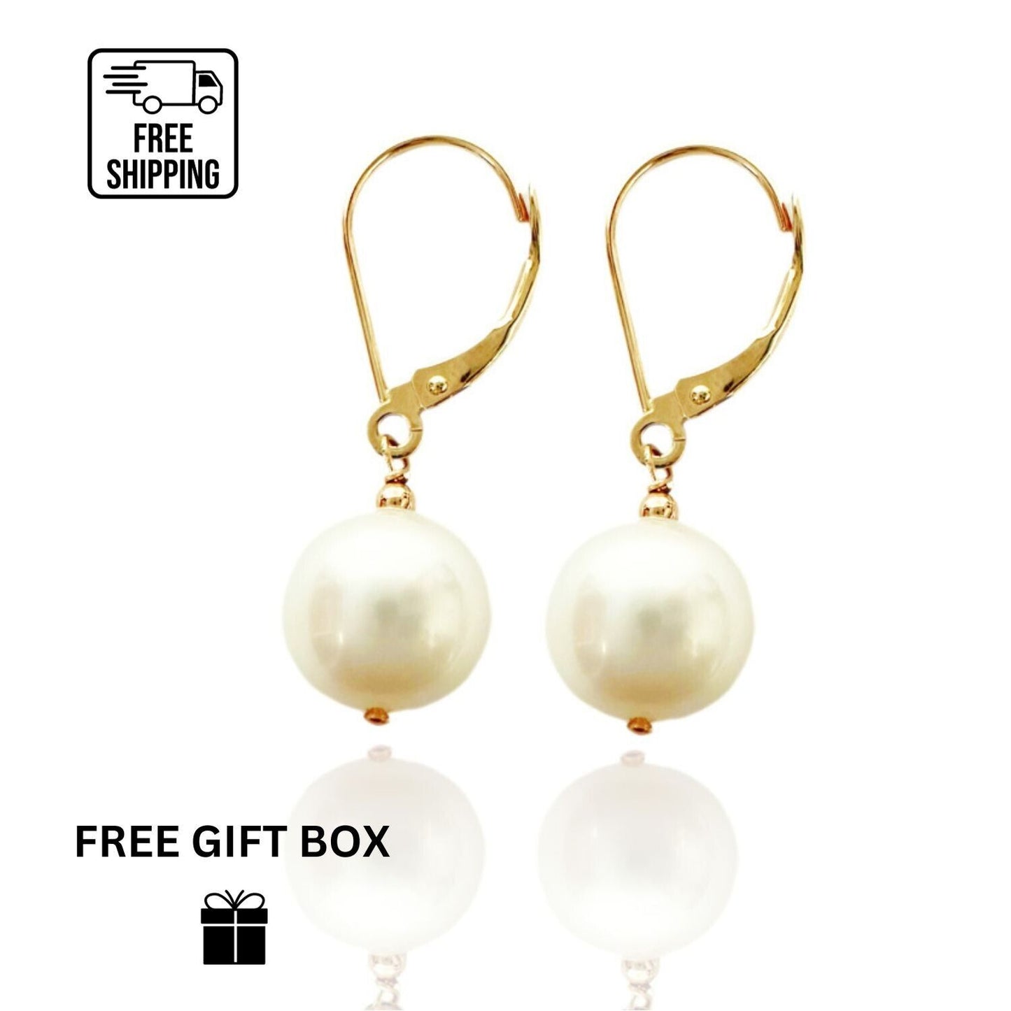 14K Gold Lever Back Earrings with Genuine Freshwater Cultured Pearl 9mm