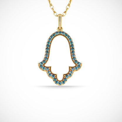 Hamsa Hand Evil Eye Charm Pendant For Women Simulated CZ Crystal 14k Yellow Gold