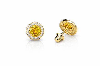 14K Solid White Gold Halo Stud CZ Screw Back Earrings