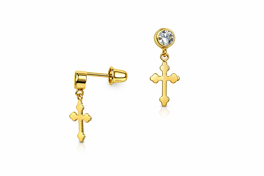 14K Yellow White Gold Cubic Zirconia CZ Cross Dangle Earrings
