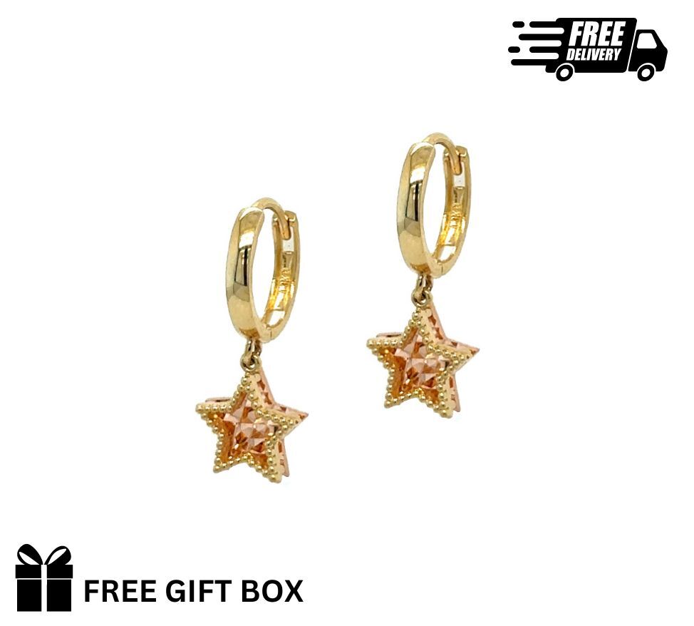 14k Yellow and Rose Gold Dangle Star Hoop Huggie Earrings