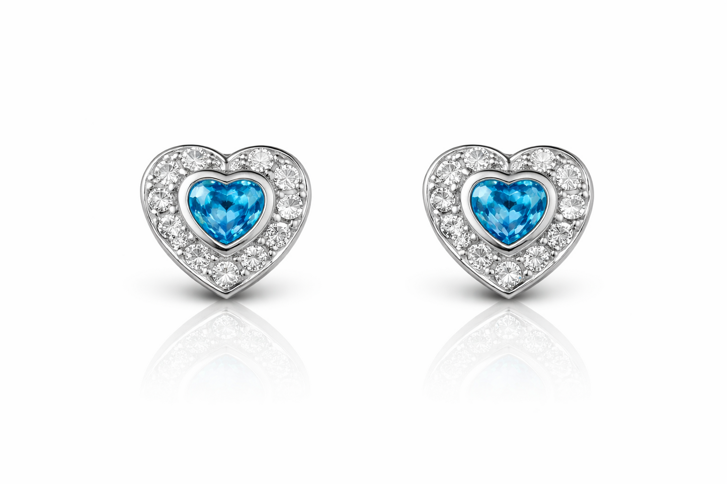 14k Solid White Gold Halo Heart Stud Earrings