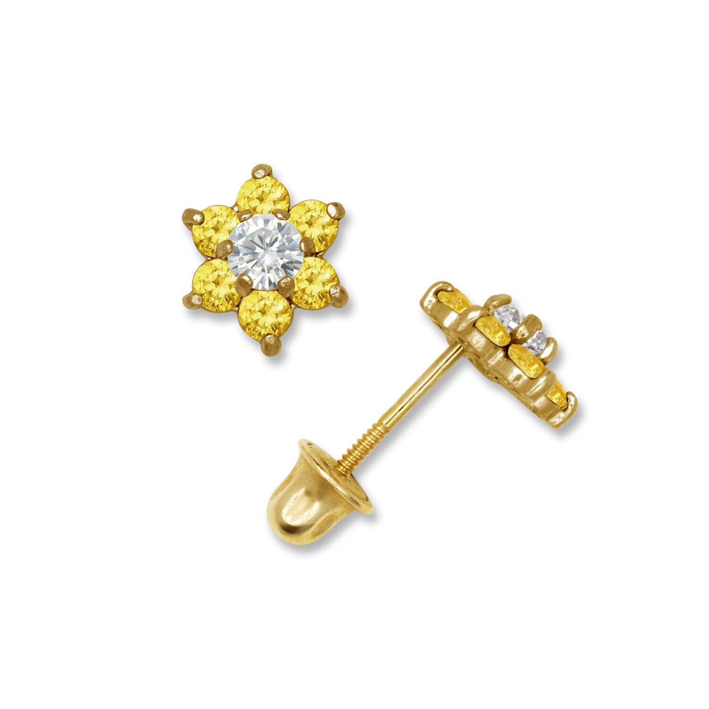 14k Yellow Gold CZ Flower Birthstone Stud Screw Back Earrings