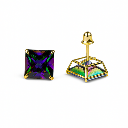 14k Yellow Gold Screw Back Earrings with Mystic Topaz Princess Cut CZ Stones