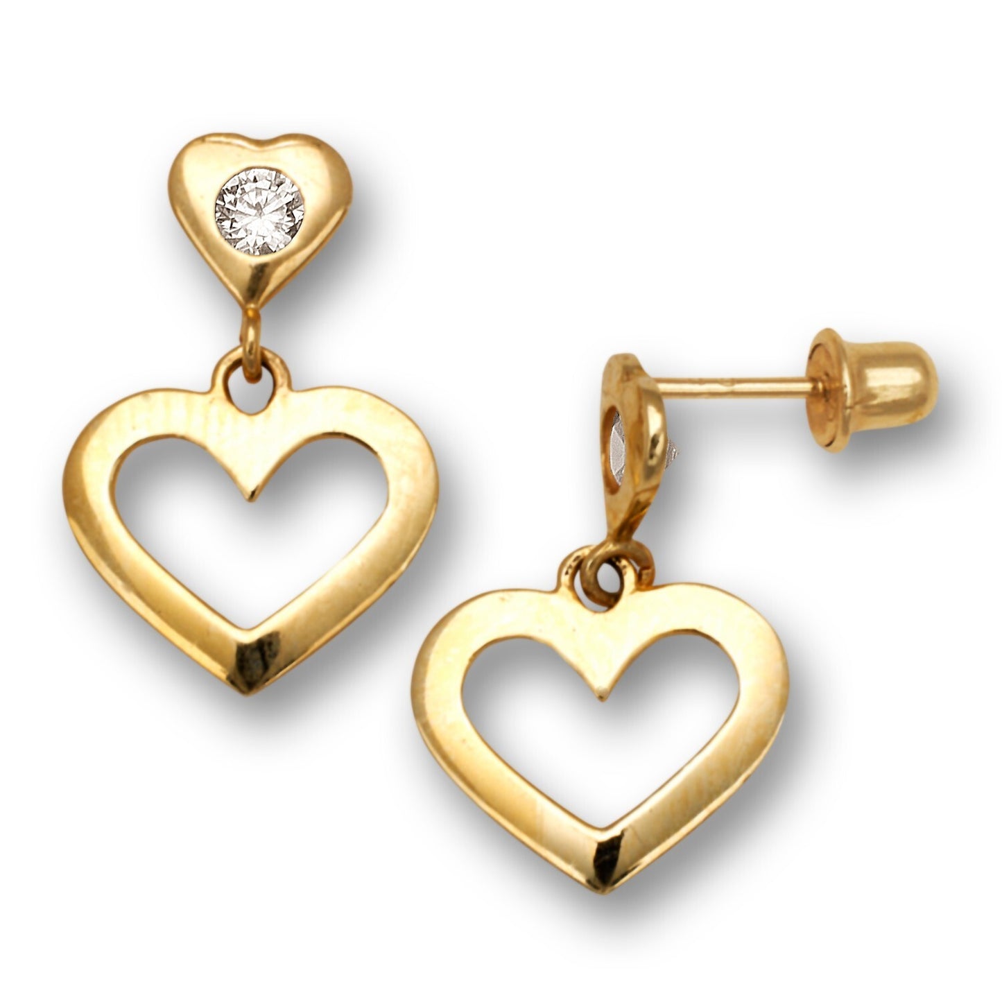 14K Yellow Gold Heart Dangle Screw Back Earrings for Women