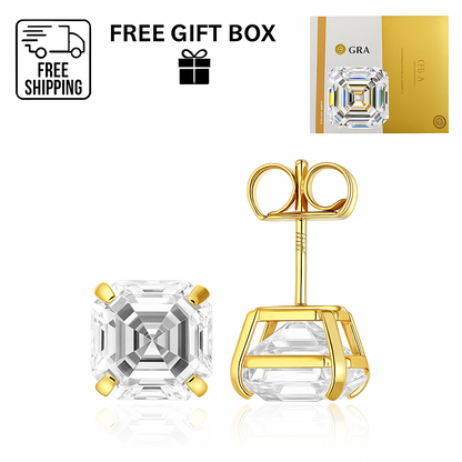 14K Gold GRA Certified D-VVS1 Asscher Moissanite Push Back Studs Earrings