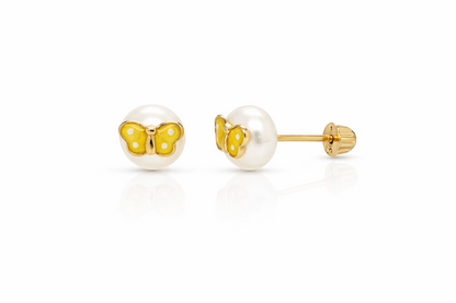14k Yellow Gold Enamel Butterfly With Genuine Pearl Screw Back Stud Earrings