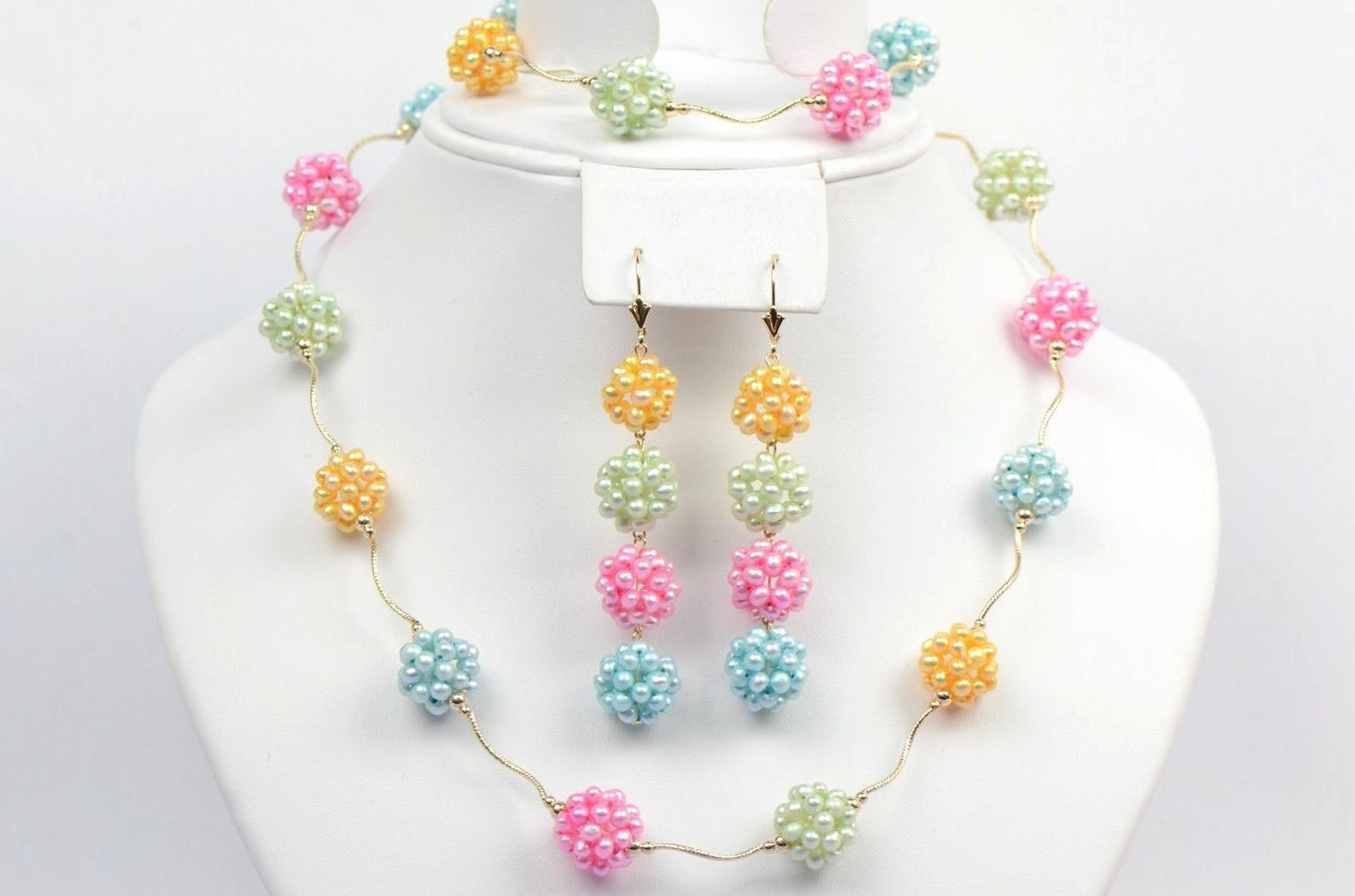 14k Yellow Gold Genuine dyed Pearl Jewelry set (necklace,bracelet,earrings)