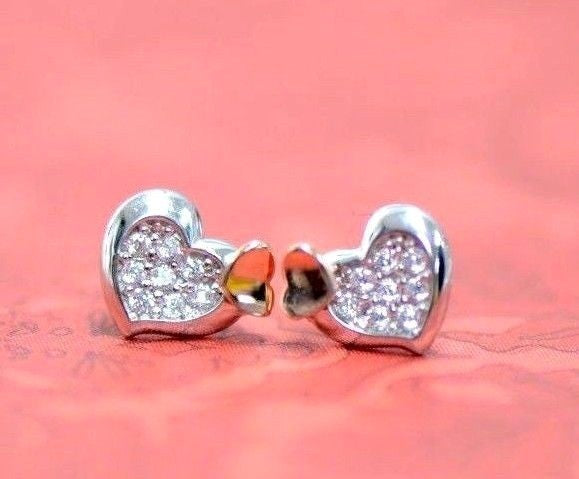 14K White Yellow Gold Heart Shape CZ Stud Earrings