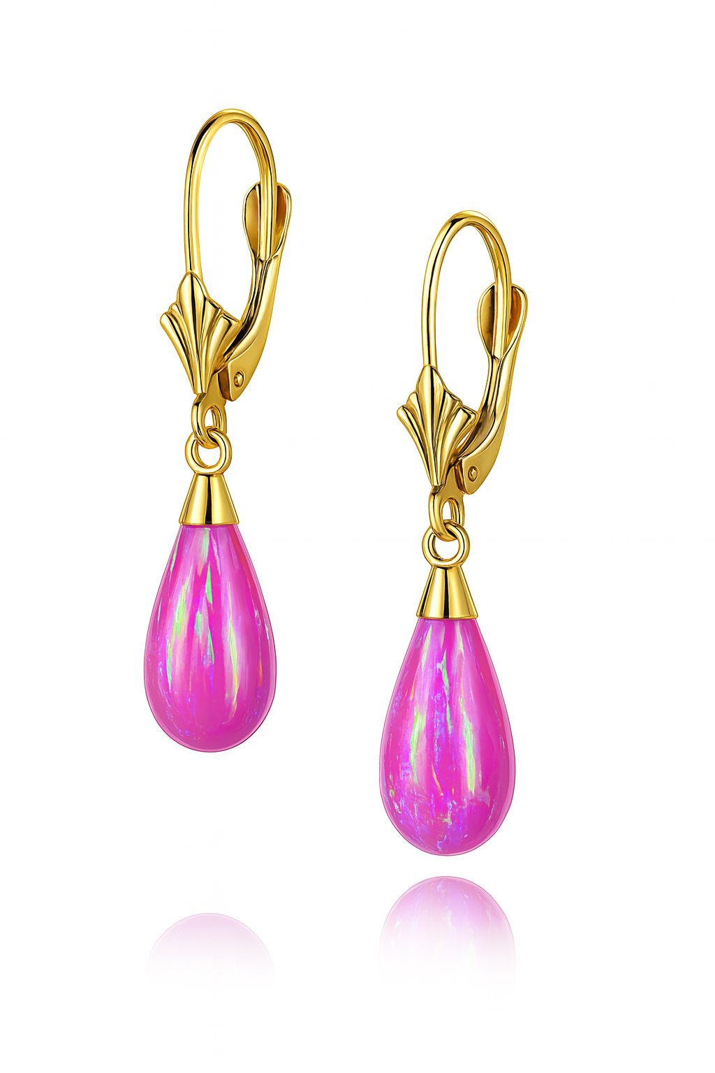 14k Yellow and White  Gold Pink Opal Leverback Earrings