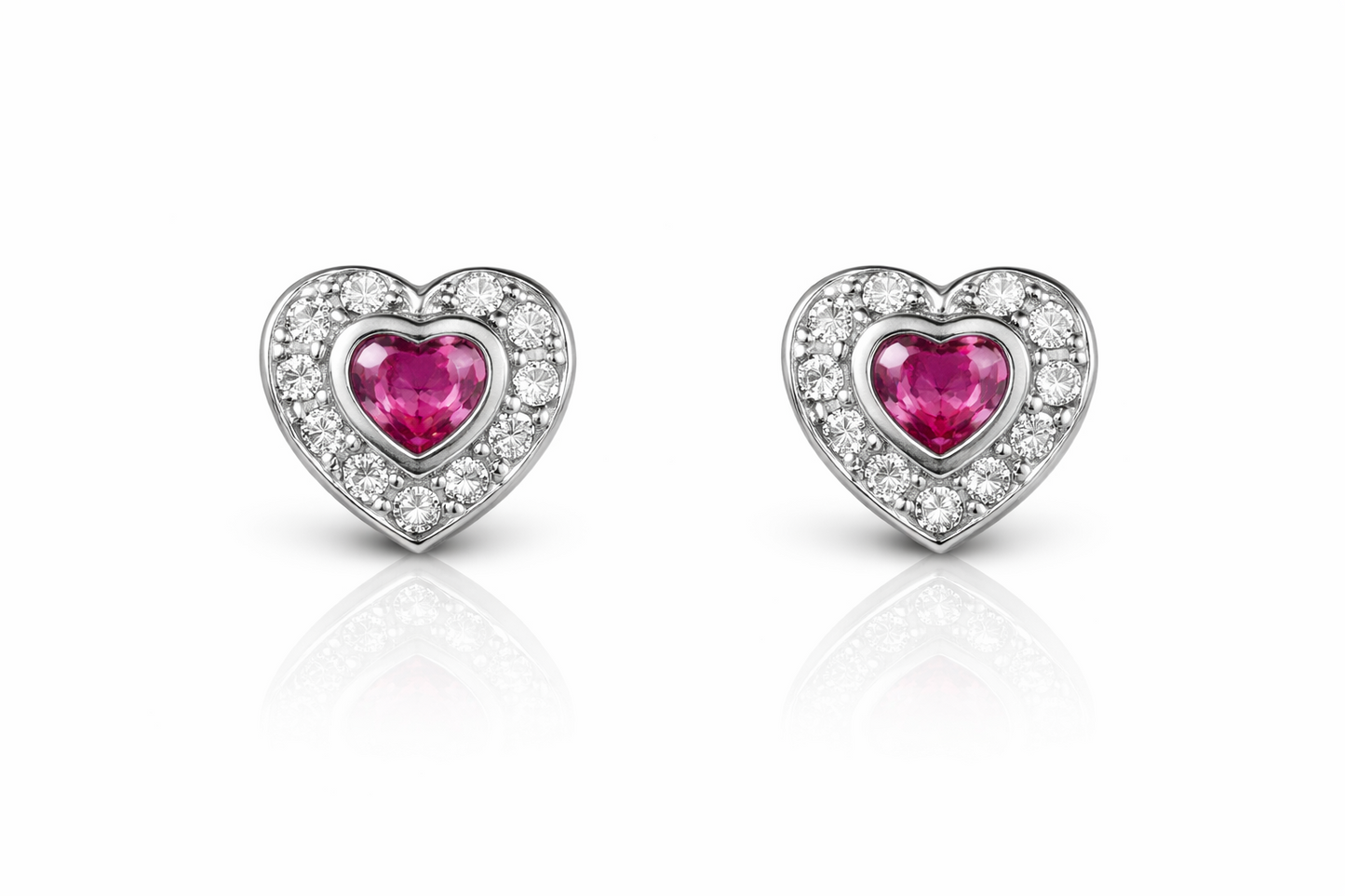 14k Solid White Gold Halo Heart Stud Earrings