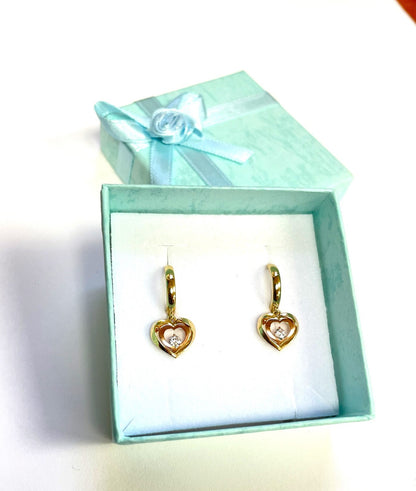 14k Yellow and Rose Gold Dangle Heart Hoop Huggie Earrings