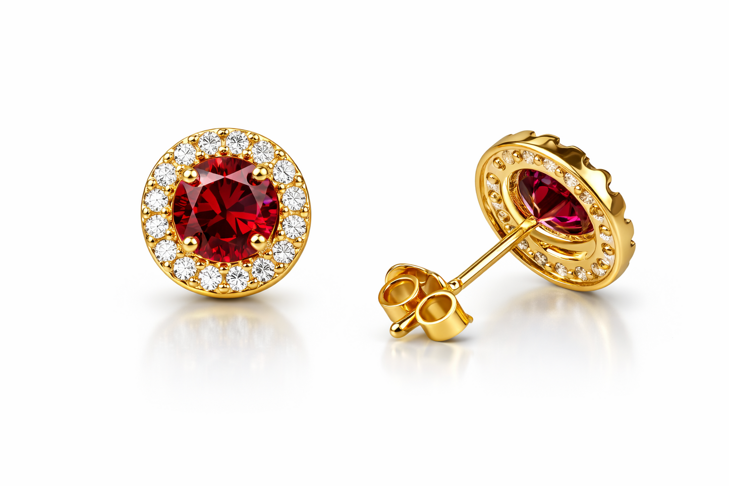 14K Solid Yellow Gold Halo Stud Push Back Earrings
