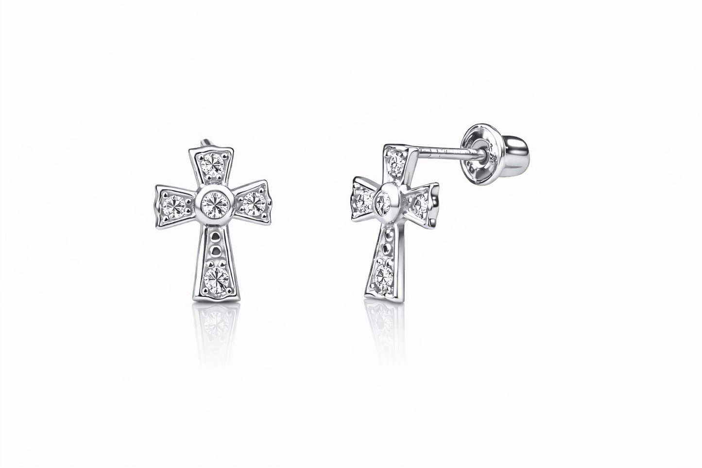 14K Yellow Gold Screw Back Cubic Zirconia Cross Earrings