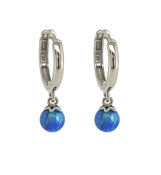 14k Yellow / White Gold Blue Opal Huggie Dangle Earrings