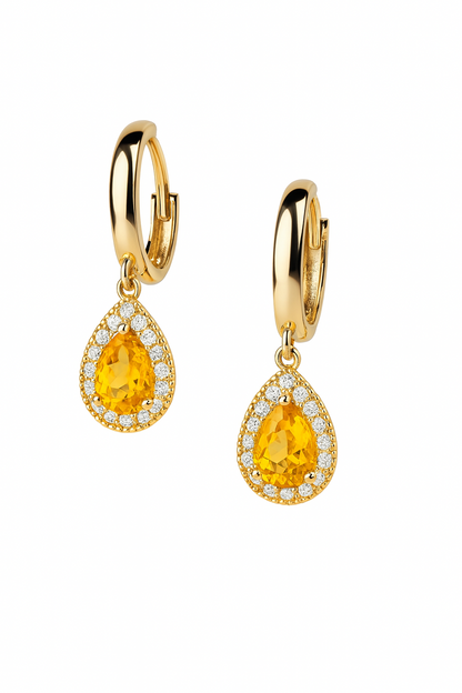 14k Yellow Gold Halo Birthstone Huggie Earrings for Women