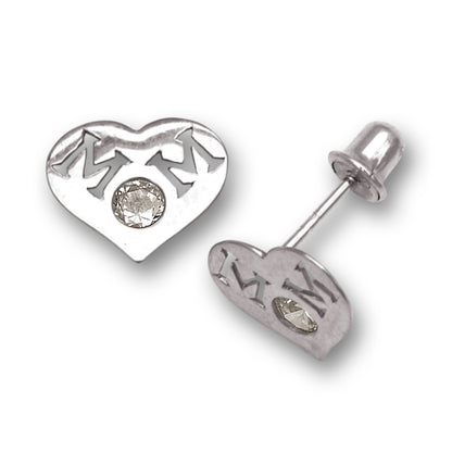 14k Yellow & White Gold Mom Heart Shape with CZ Screw Back Earrings for Women
