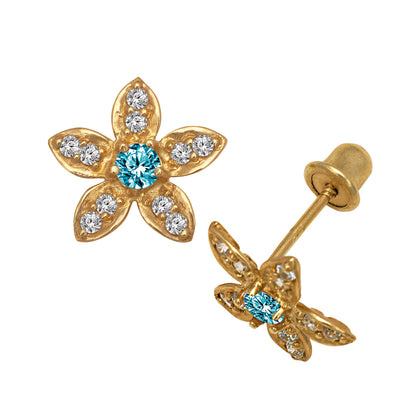 14k Yellow or White Gold CZ Flower Birthstone Stud Screw Back Earrings