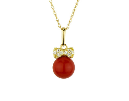 14K Yellow Gold Bow Tie Coral CZ Pendant Necklace Rope Chain