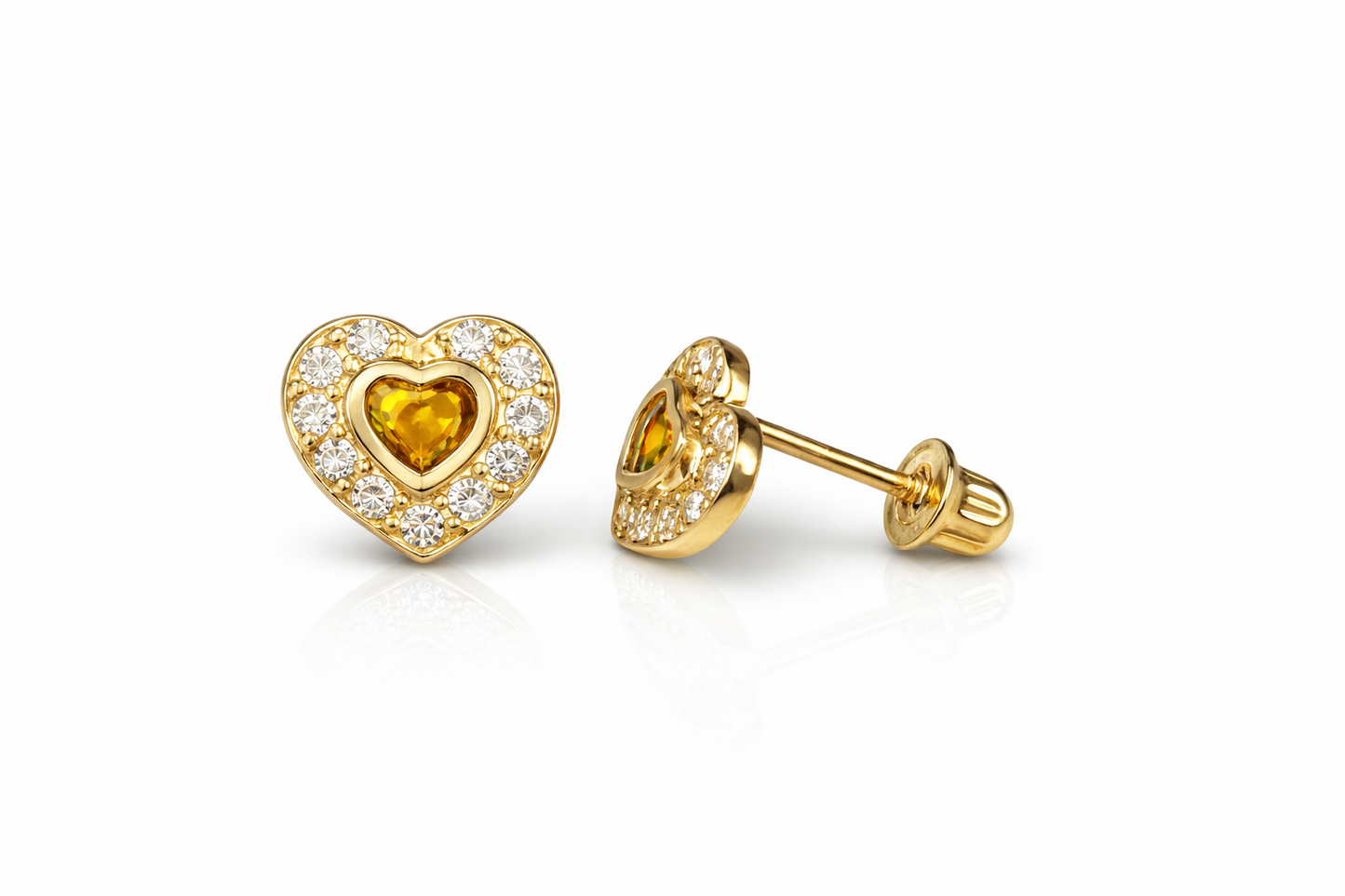 14K Yellow Gold Birthstone Heart with CZ Stud Earrings Screw Back