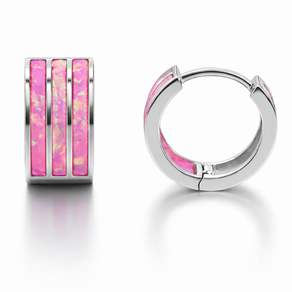 14k White Gold Triple Row Hot Pink Opal Huggie Hoop Earrings