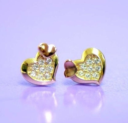 14K White Yellow Gold Heart Shape CZ Stud Earrings