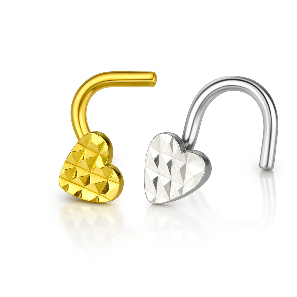 14k Yellow or White Gold Heart Nose Piercing Stud Diamond Cut