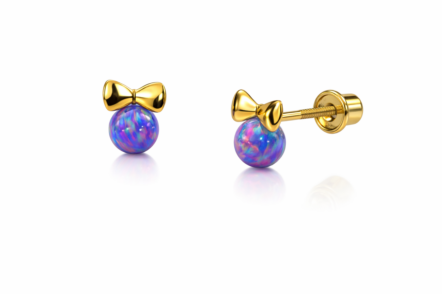 14k Yellow Gold Bow Tie Opal Stud Earrings/ Screw Back